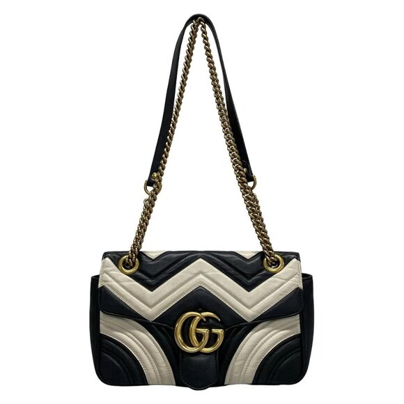 Auth GUCCI GG Marmont Quilting Small Shoulder Bag 443497 Black White Leather - Picture 1 of 16